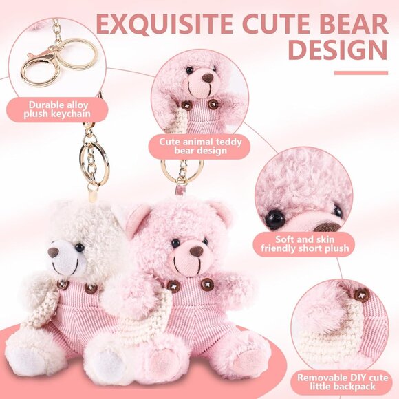 Pink Plush Teddy Bear Bag Charm Keychain for Backpack Purse Gifts - Picture 4 of 6